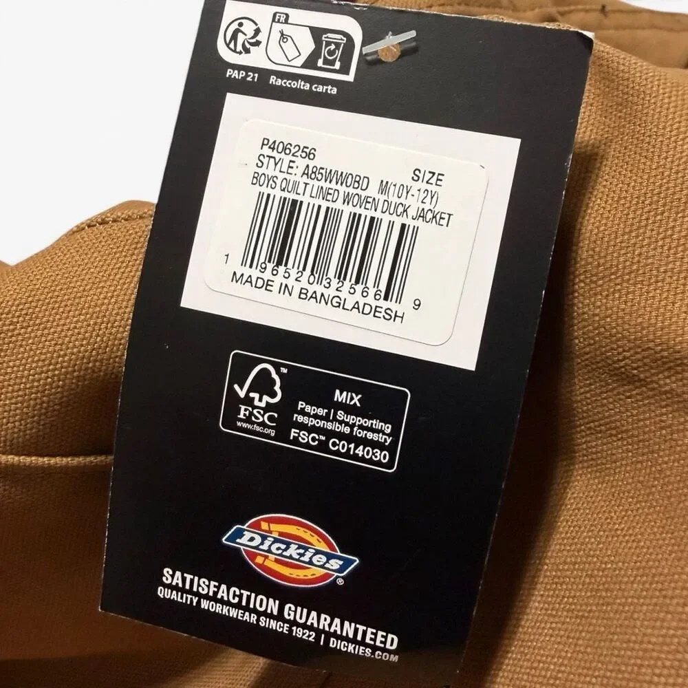 Dickies Quilted Lined Duck Canvas Woven Brown Shirt Jacket Boys size M 10-12 NWT